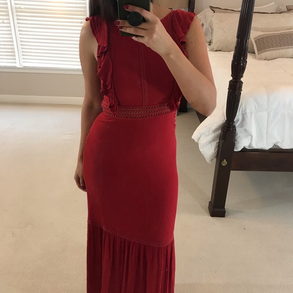 Red Crochet Flounce Backless Maxi Dress - Picture 3 of 5